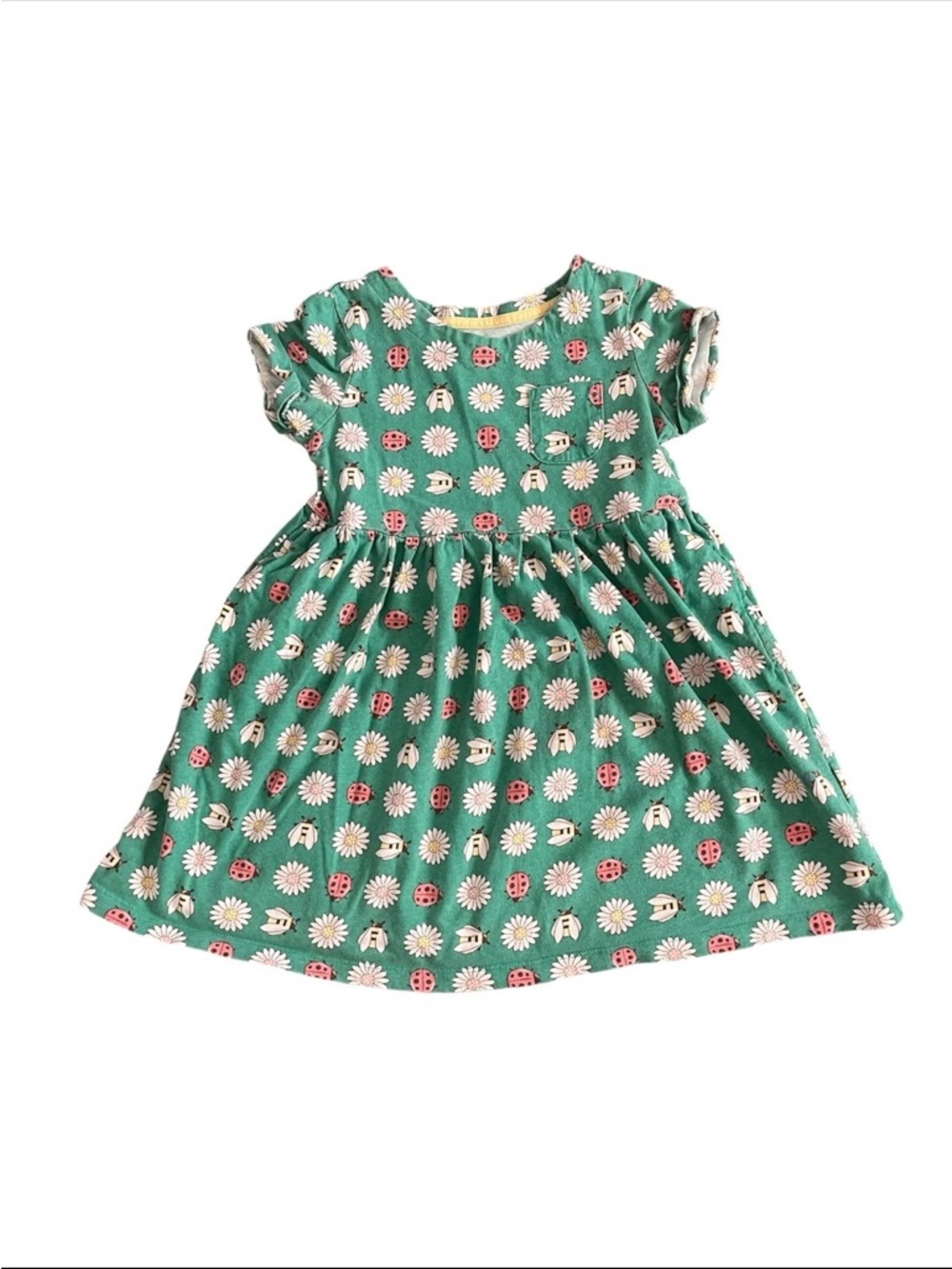 Mini Boden Green Daisy Bumblebee Ladybug Jersey Pocket Play Dress Girls Size 5/6